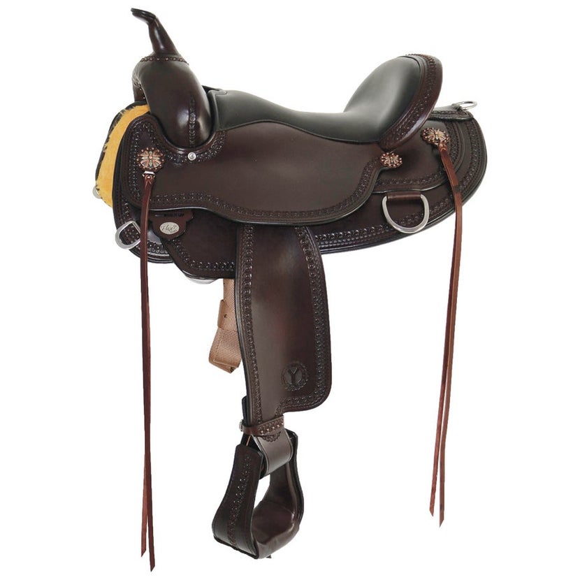 A western trail saddle, dark brown and black with 4 sets of tie strings. 